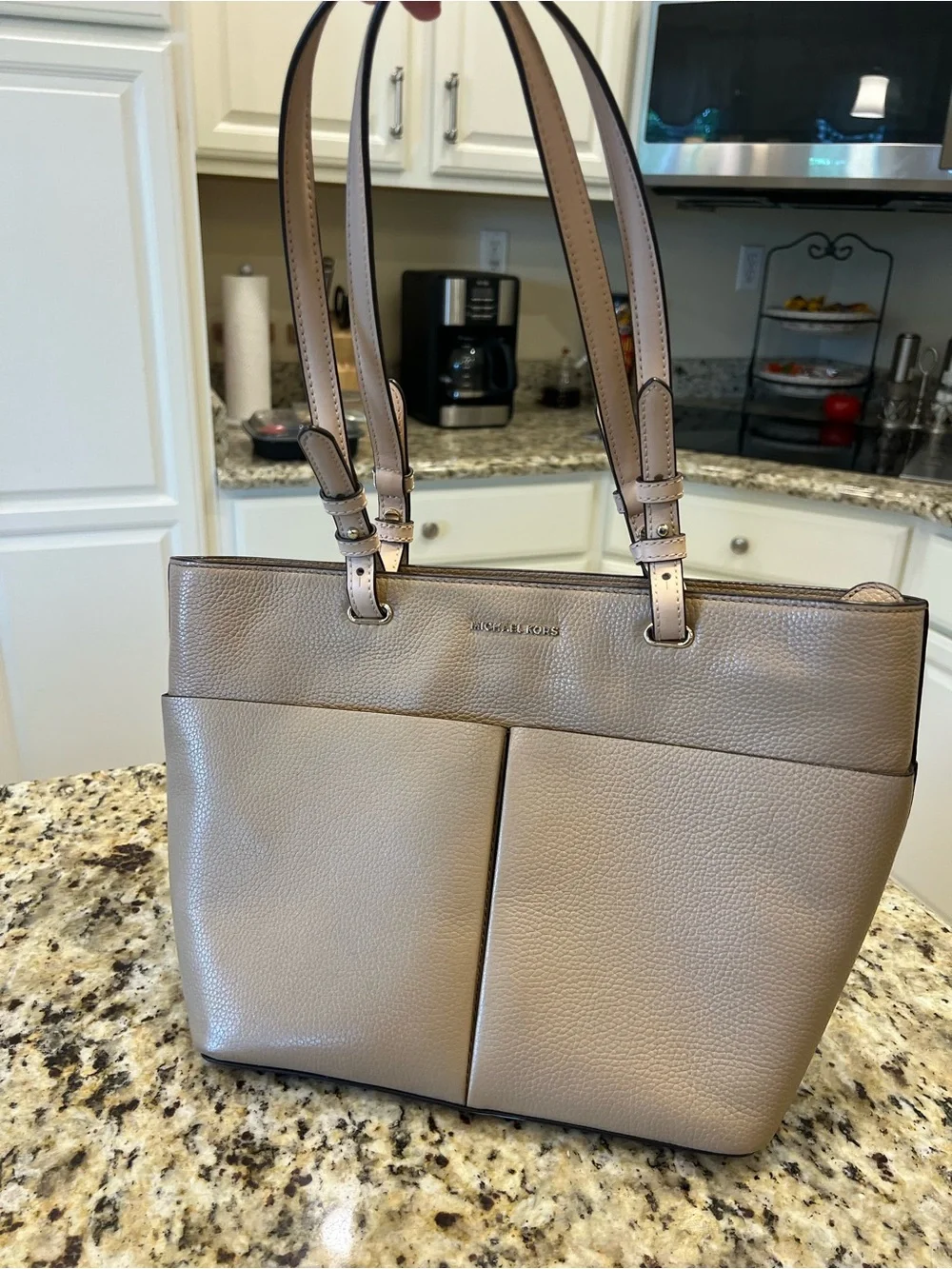 Michael Kors Beige Taupe Leather Tote with Dual Pockets